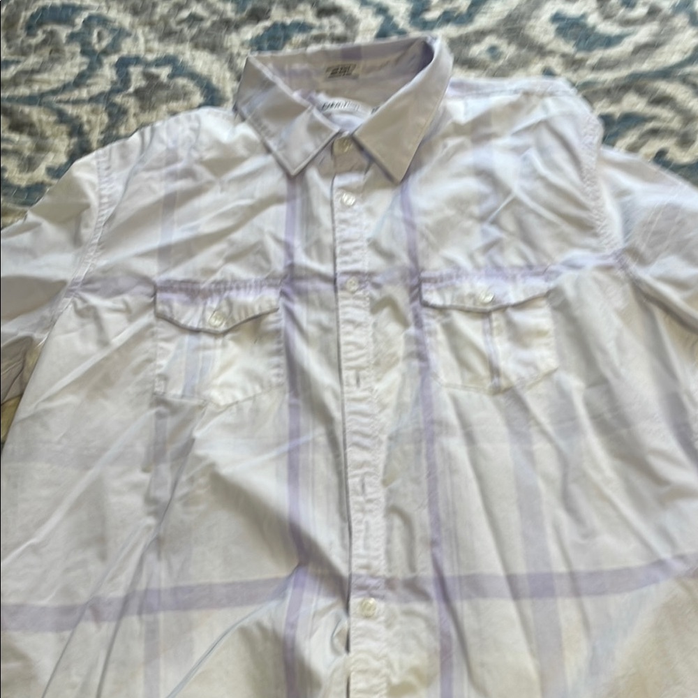 Calvin Klein White and Purple Casual Button Down Shirt